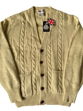 NWT VTG Royal Scott Men's Beige Cable-Knit Wool Button V-Neck Cardigan Size L